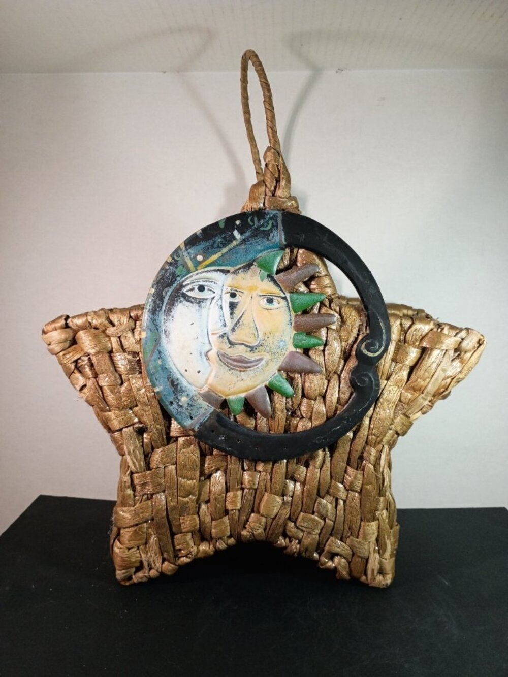 Vintage 90s Celestial Gold Star basket Moon & Sun Metal Decor Whimsy Whimsical